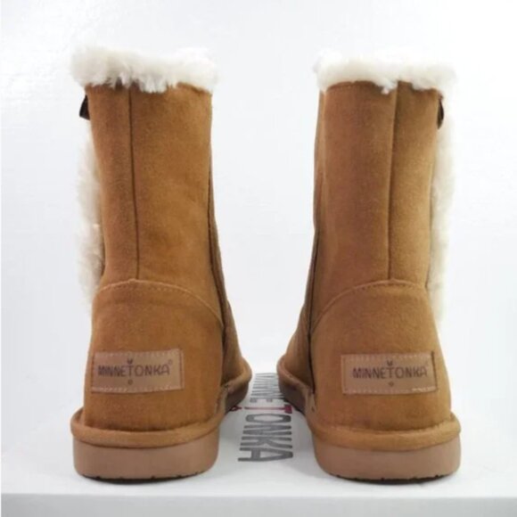 Minnetonka Shearling Suede Slip On Short Boots Women's Size 6 Chestnut Brown NEW - Picture 3 of 7